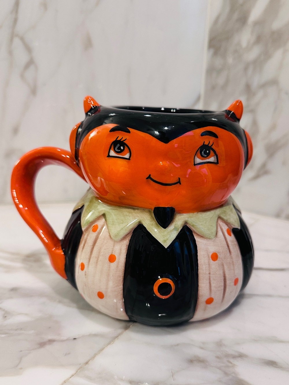 Festive Orange and Black Ceramic Devil Character Mug